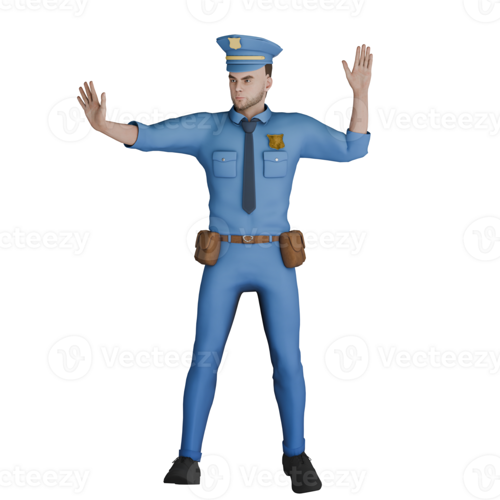 Cartoon Cop in 3D. A male police officer is raising both of his hands with palms facing forward, as if signaling someone to stop or detain. Male Professional png
