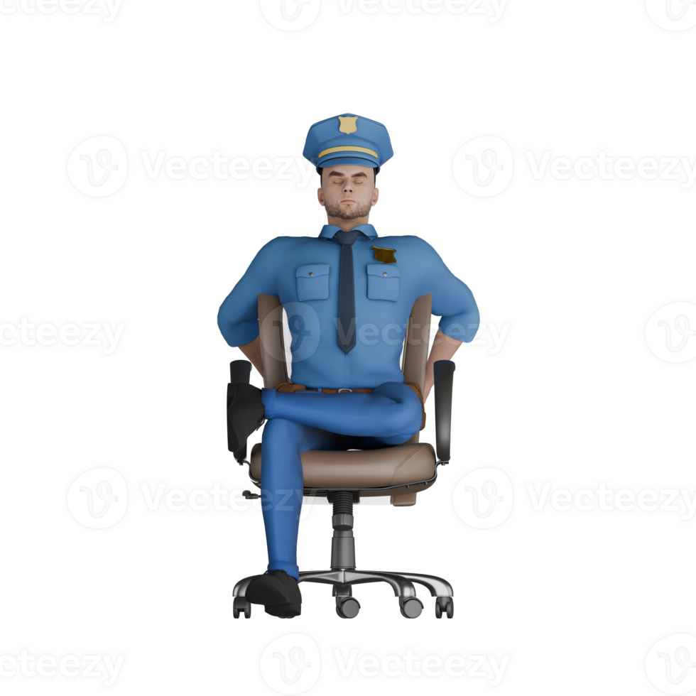 Male Cartoon Cop 3D A male police officer sits with both hands behind the chair while his left foot is above his right foot. Professional png