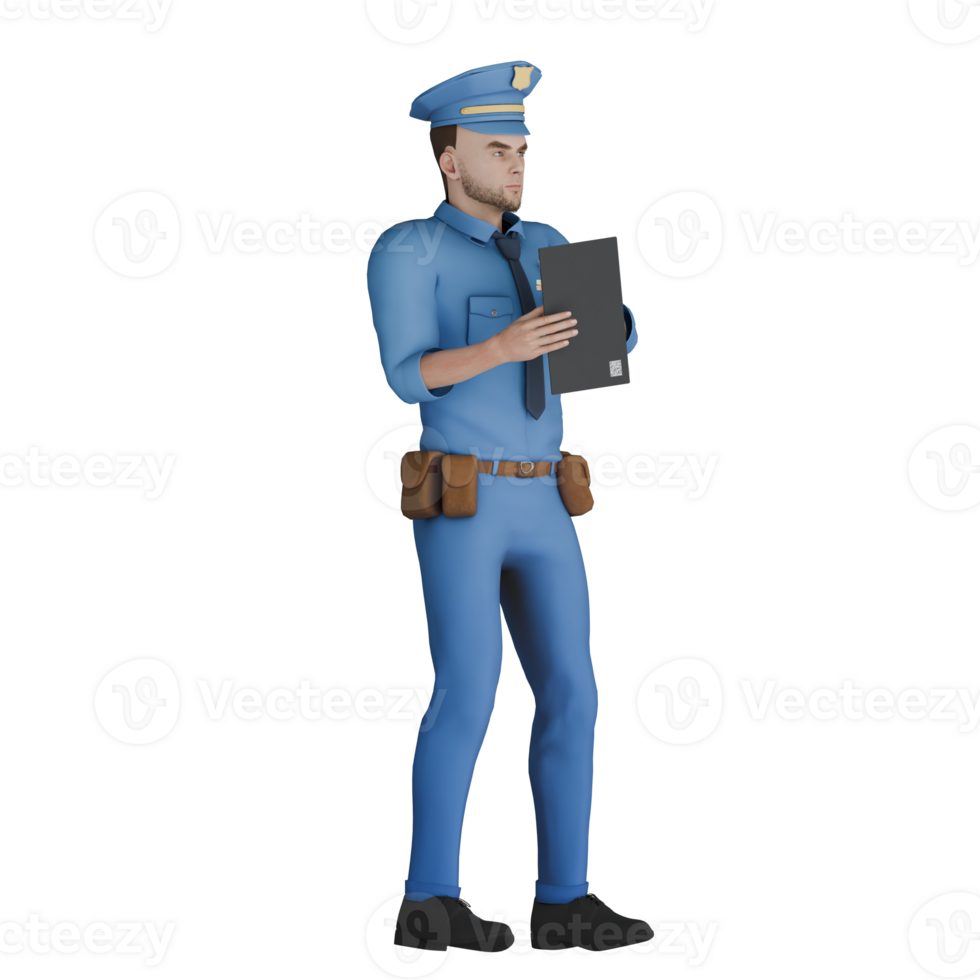 Law Enforcement Male Cartoon Cop. A male police officer standing with both hands holding book in front of chest. 3D Professional Character png