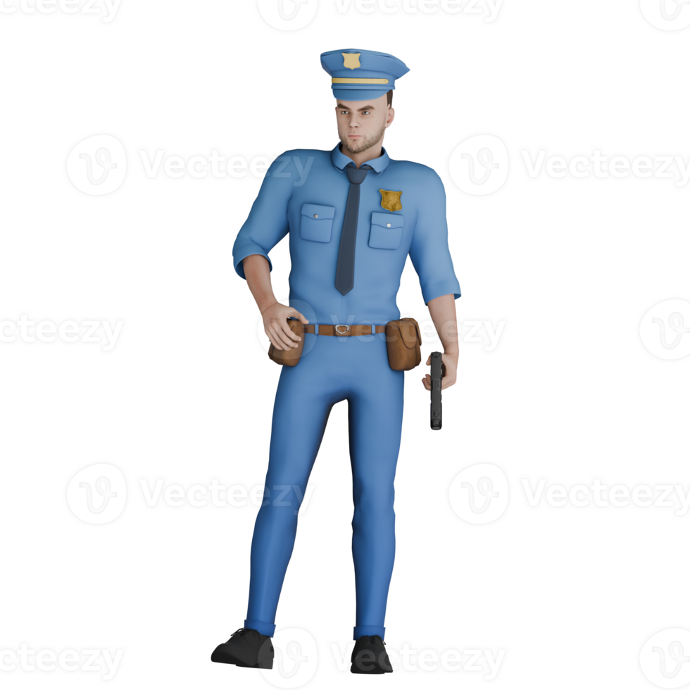 3D Model of Professional Male Cartoon Cop. A male police officer standing facing right with right hand on waist while left hand holding gun. Police png