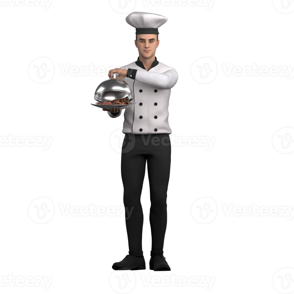 3D Animated Chef5. A male chef stands holding a plate of food in his hand and holding a cloche lid in his left hand preparing to open the cloche lid. Male Kitchen Wizard png