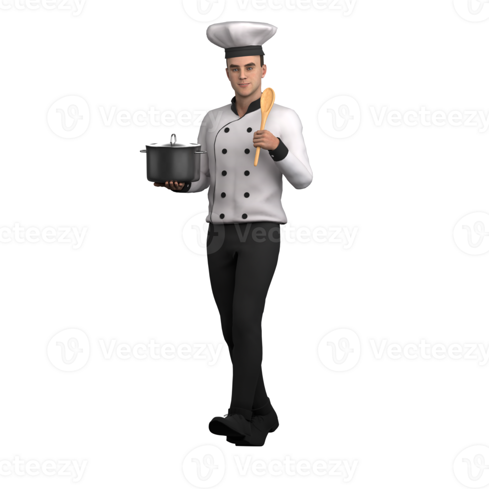 Male Chef Culinary Professional. A male chef stands facing forward with his arms crossed while his right hand carries a pan while his left hand holds a wooden spoon. 3D Cartoon png