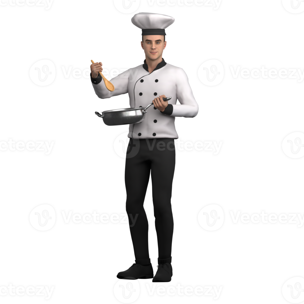 Male Chef in Action. A male chef stands holding a pan with his left hand, while his right hand holds a wooden spoon. 3D Culinary Scene png