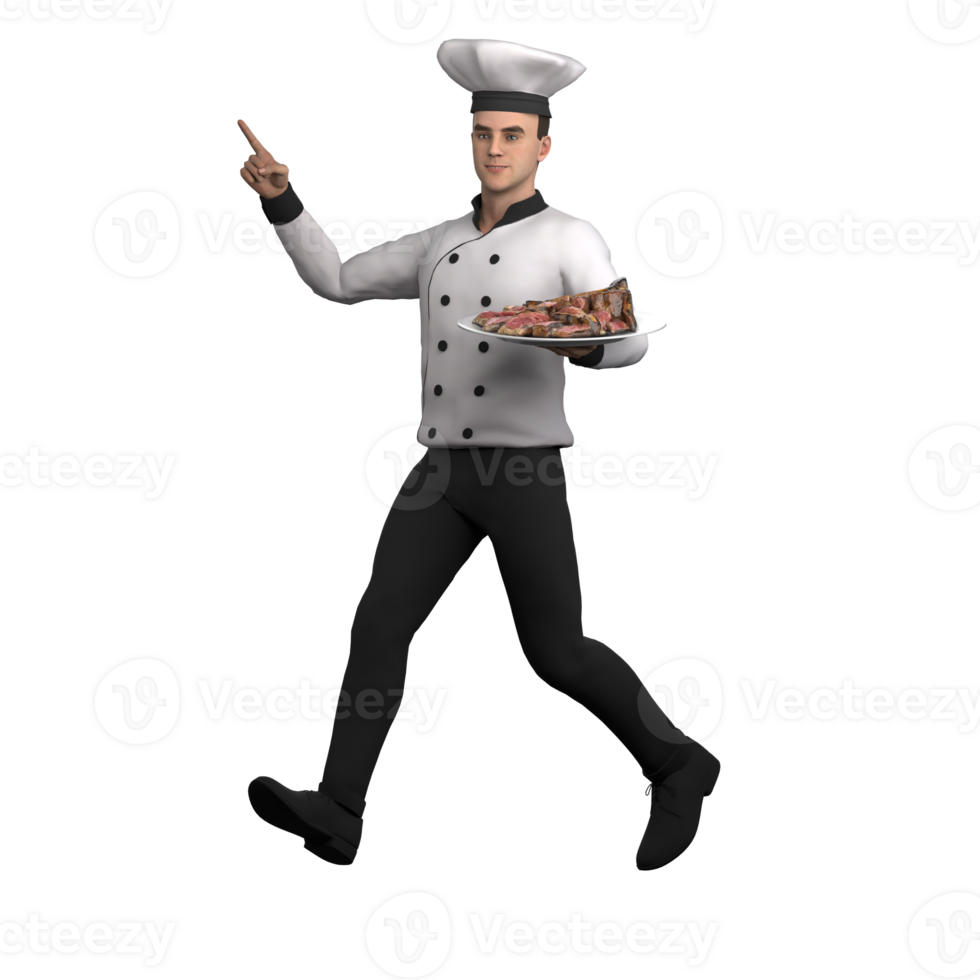 of a Culinary Expert. A male chef is running to the right while holding a plate containing a dish, while his hand is raised with his index finger extended. Male Chef png