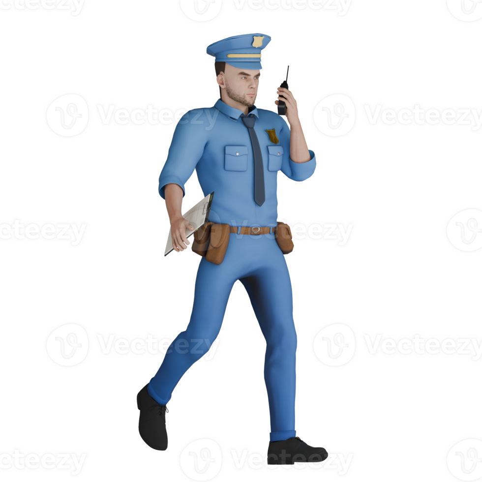 Male Law Cartoon Professional in 3D. A male police officer is walking while holding a communication radio in his right hand and several sheets of documents in his left hand. Cop Cartoon png