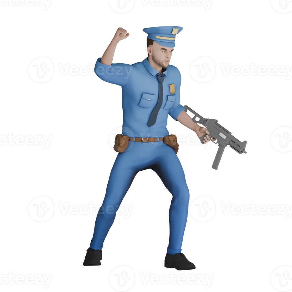 Professional Male Cartoon Police Character. A male police officer stands with his right fist raised upwards while his left hand holds a long-barreled gun. png