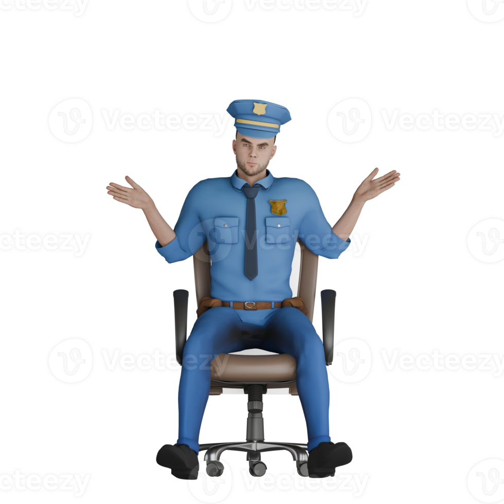 Male Cartoon Cop in 3D Professional Law. A police officer is sitting in an office chair with a confused expression, his hands raised upward with open palms. Cartoon png