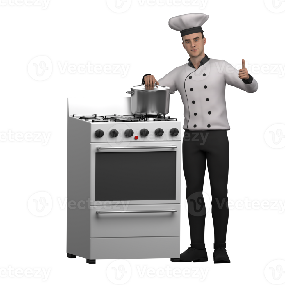 Animated Professional Chef. A male chef stands to the left of a freestanding cooker while his right hand stirs the contents of a cauldron while his left thumb is raised. 3D Male png