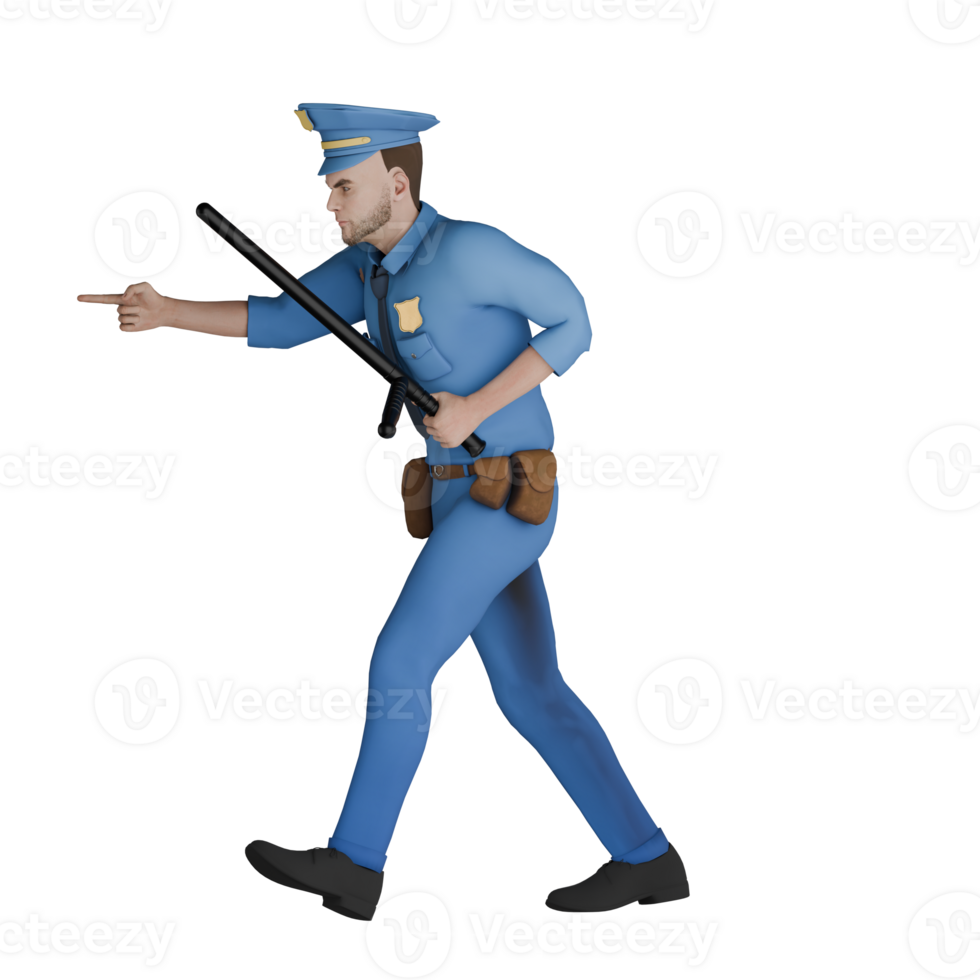3D Male Cartoon Cop. A male police officer walks to the right with his left hand carrying a tonfa while his right hand points forward. Professional Law Character png