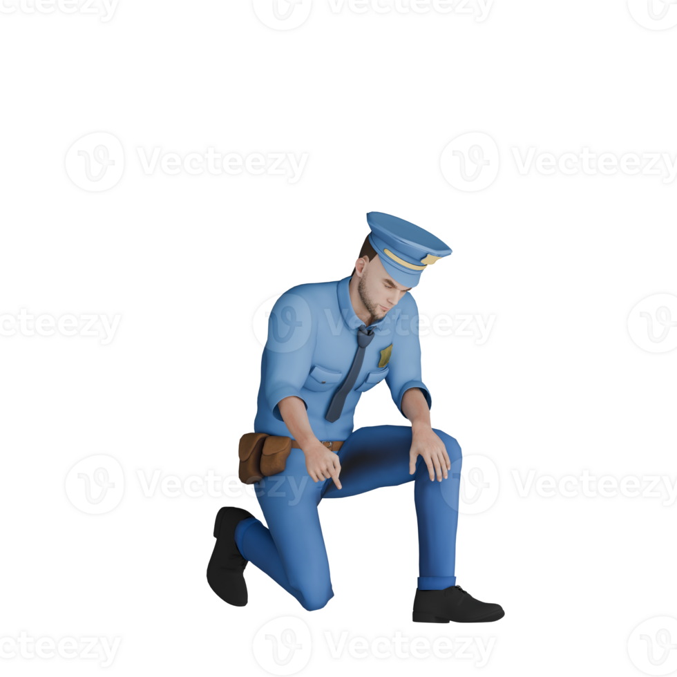 3D Illustrative Male Cartoon Cop. A male police officer was kneeling on the ground with a serious expression on his face. Law Professional png