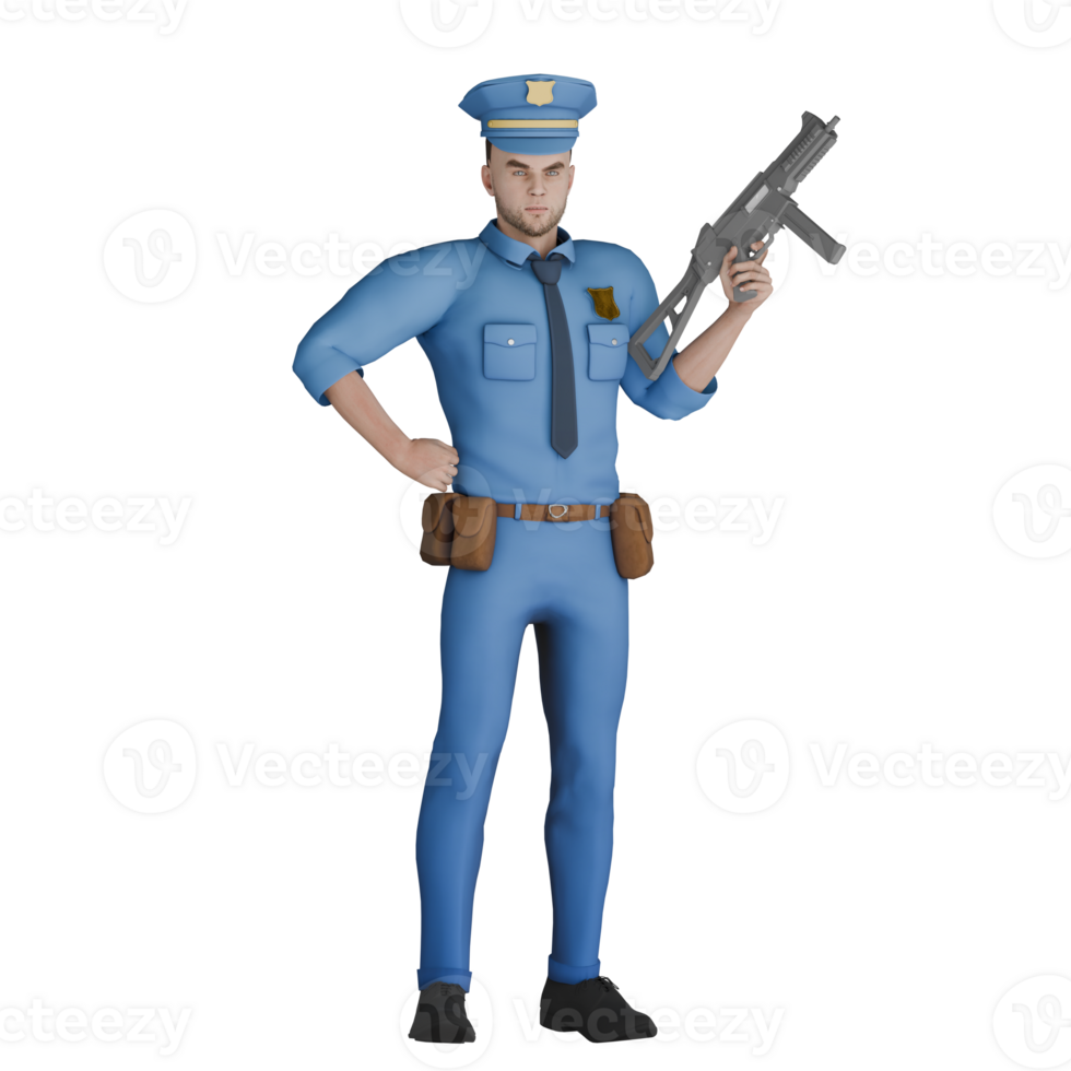 Cartoon Professional Police Officer. A male police officer standing with right hand on waist while left hand holding long gun. 3D Male png