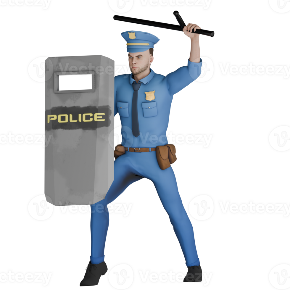 Male Cartoon Police Officer 3D. A male police officer stands with his right hand carrying a riot shield while his left hand carries a tonfa upwards with his body position facing right png
