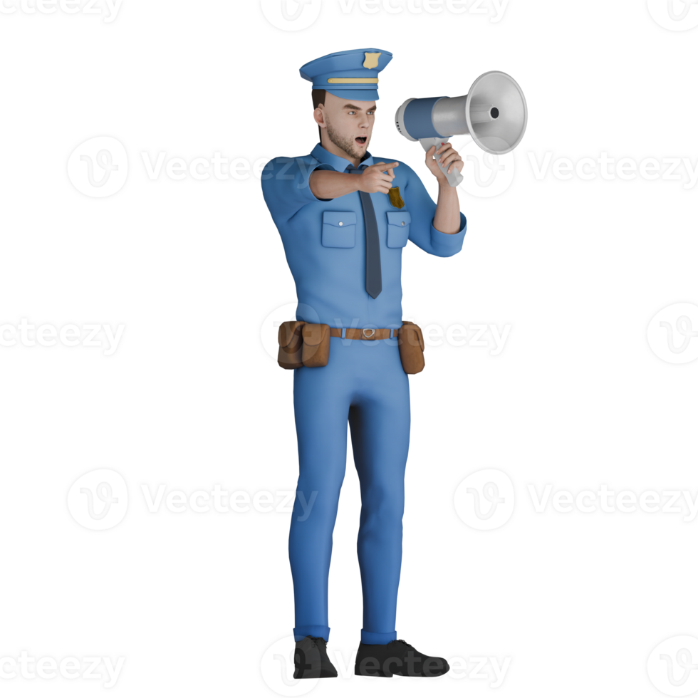 Male Cartoon Cop Character. A male police officer is using a megaphone to give orders or instructions and his hand is pointing in a certain direction. 3D Police png