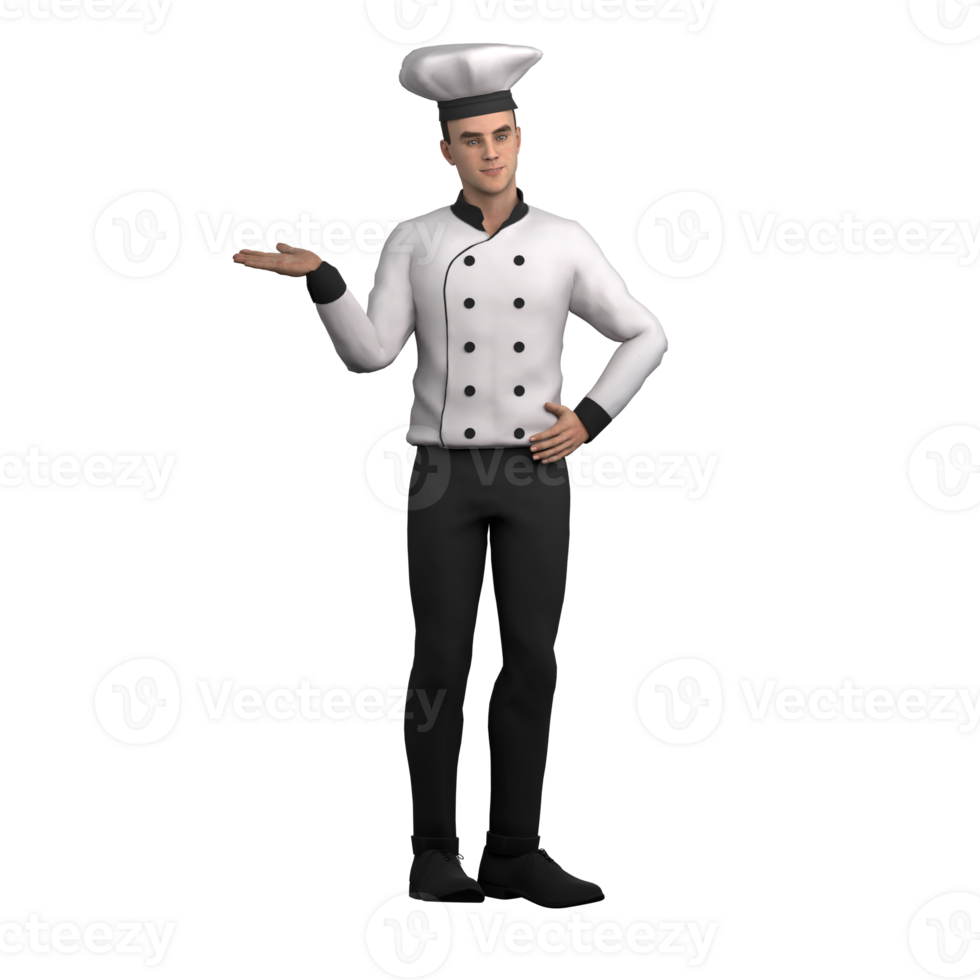 capocuoco personaggio 3d. un' maschio capocuoco è in piedi con un' fiducioso atteggiamento, utilizzando uno mano per punto per il lato e il altro mano su il suo vita. illustrato maschio cucinare png