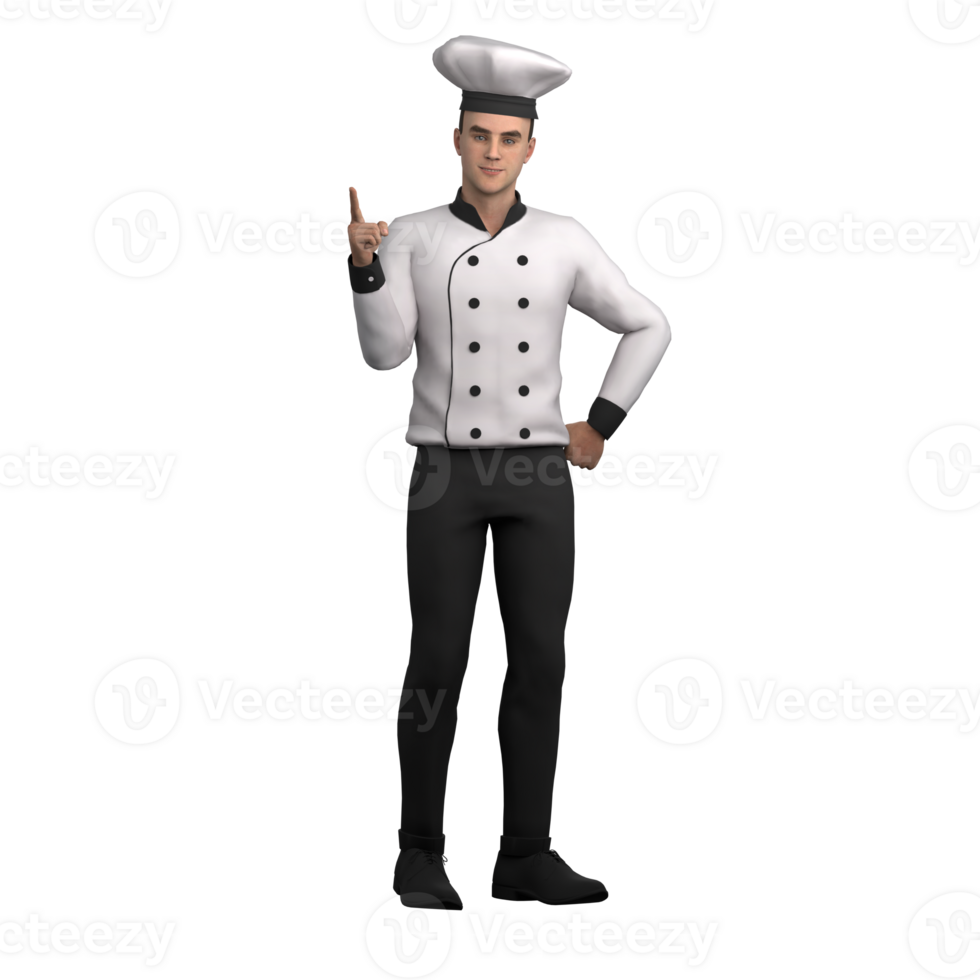 Animated Male Chef. A male chef stands with his left hand placed on his waist and raises his right hand with his index finger pointing up. 3D Culinary Professional png