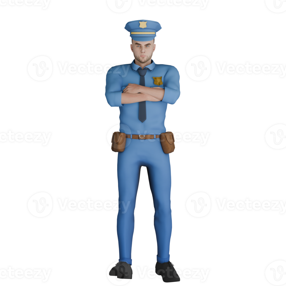 Professional Male Cartoon Cop in 3D Animation. A male police officer is standing with his arms folded in front of his chest. Law Enforcement png