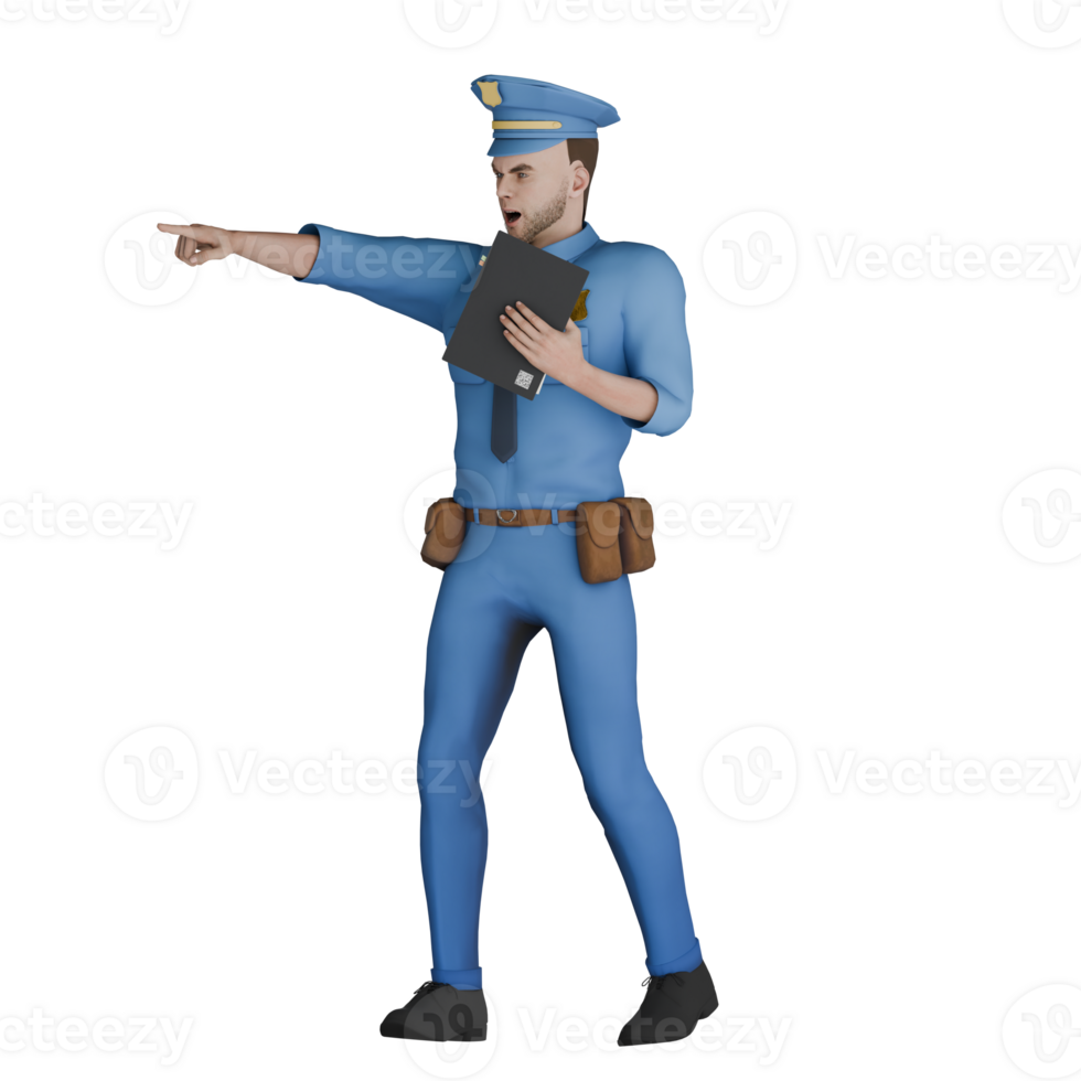 Professional 3D Male Law Cartoon Cop. A male police officer is holding a clipboard with one hand while pointing with the other hand. Police png