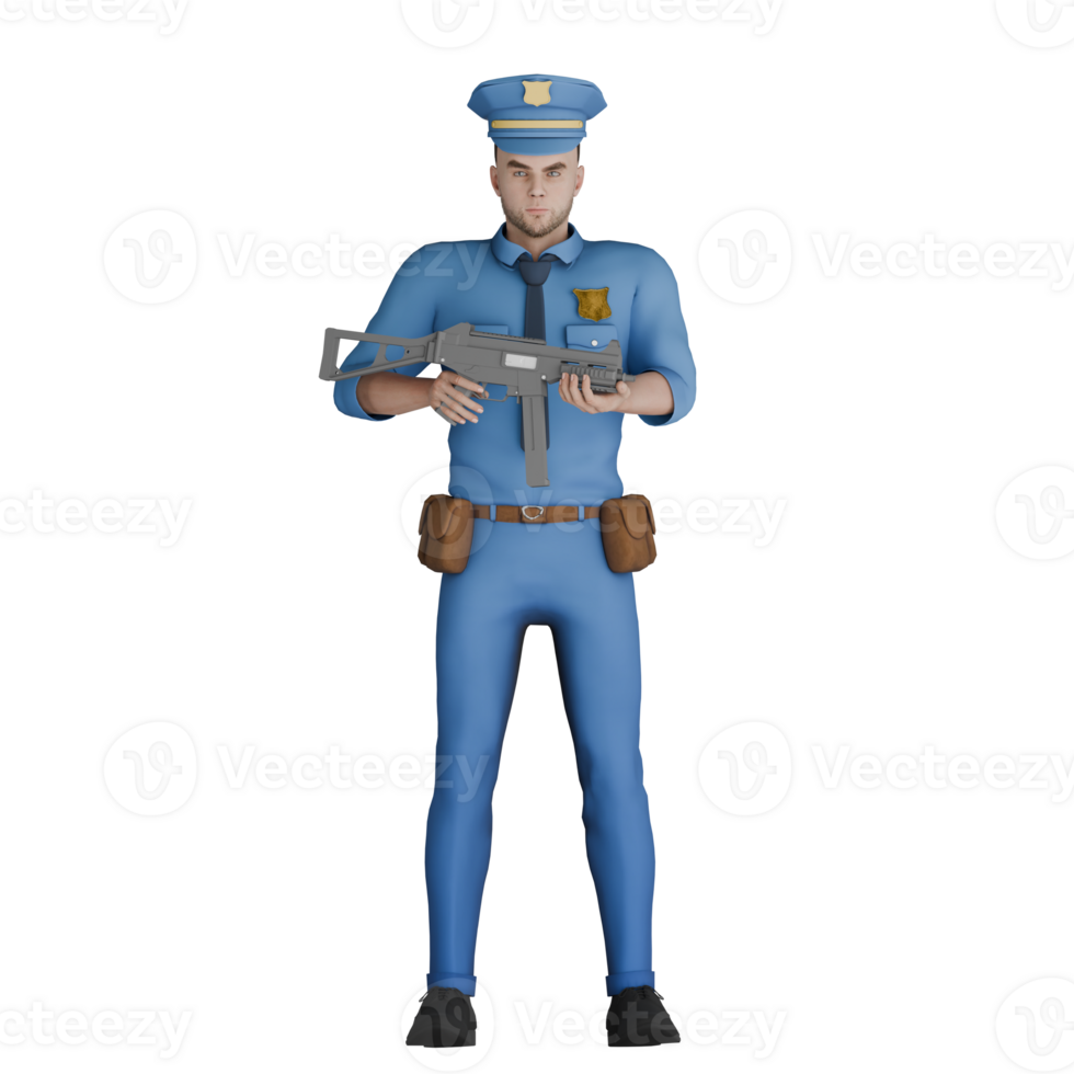 Professional Cartoon Cop in 3D. A male police officer standing with both hands holding long gun in front of chest. Male png