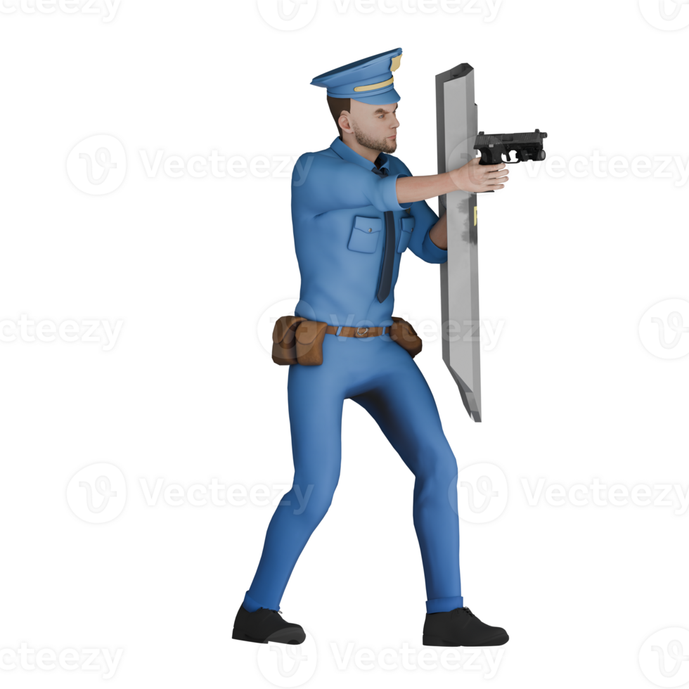 3D Male Cartoon Cop Character. A male police officer holding a protective shield and a firearm. Law Enforcement Professional png