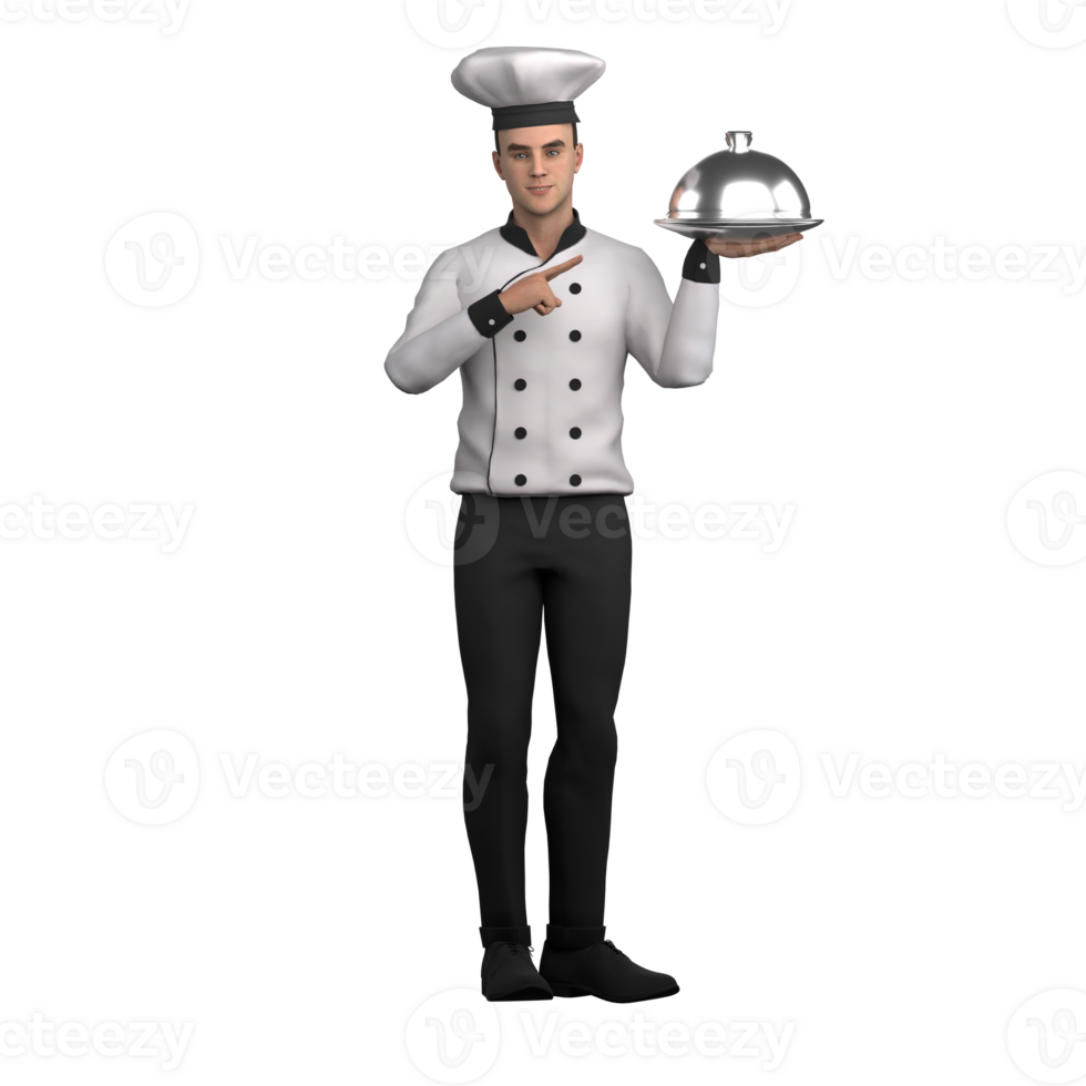 of Male Chef. A male chef is standing carrying a plate with a cloche lid in his left hand and the index finger of his right hand is pointing at the plate with the cloche lid. Cooking Pro png