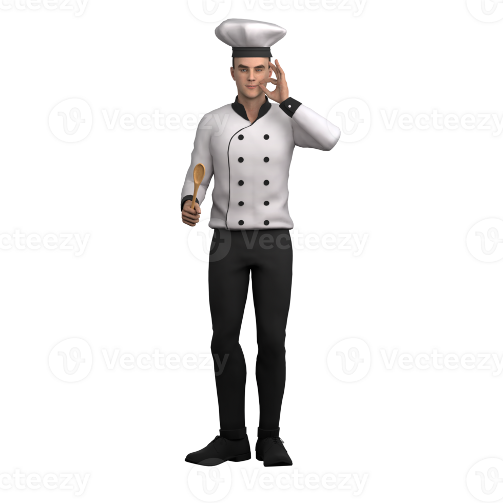 Male Chef Professionalism in 3D. A male chef stands with his left hand raised while his index finger and thumb are clasped in front of his lips. Culinary Arts png