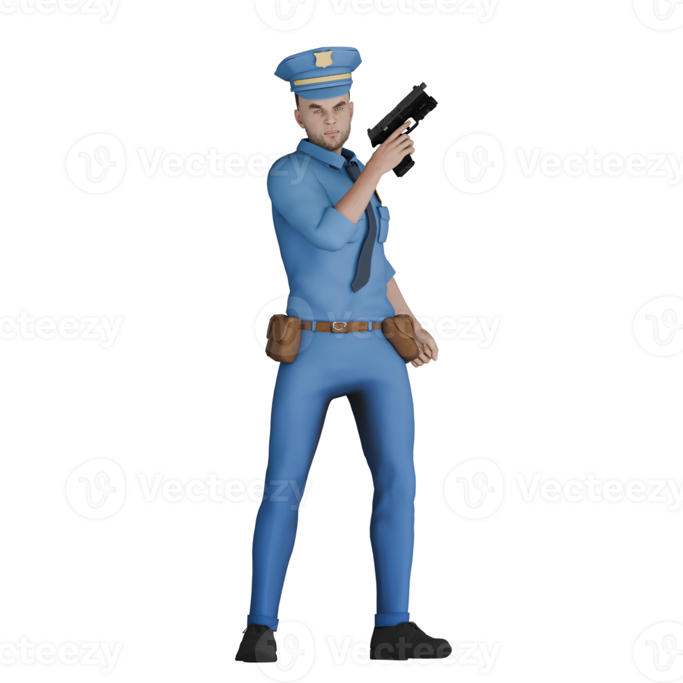 Professional 3D Law Cartoon. A male police officer in a blue uniform holds a gun in his right hand with his facial expression showing readiness and alertness. Male png
