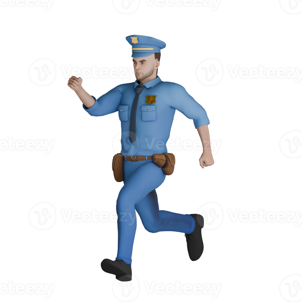 Illustrative 3D Male Cartoon Cop. A male police officer is running at a fast pace, indicating an urgent situation or pursuit. Professional png