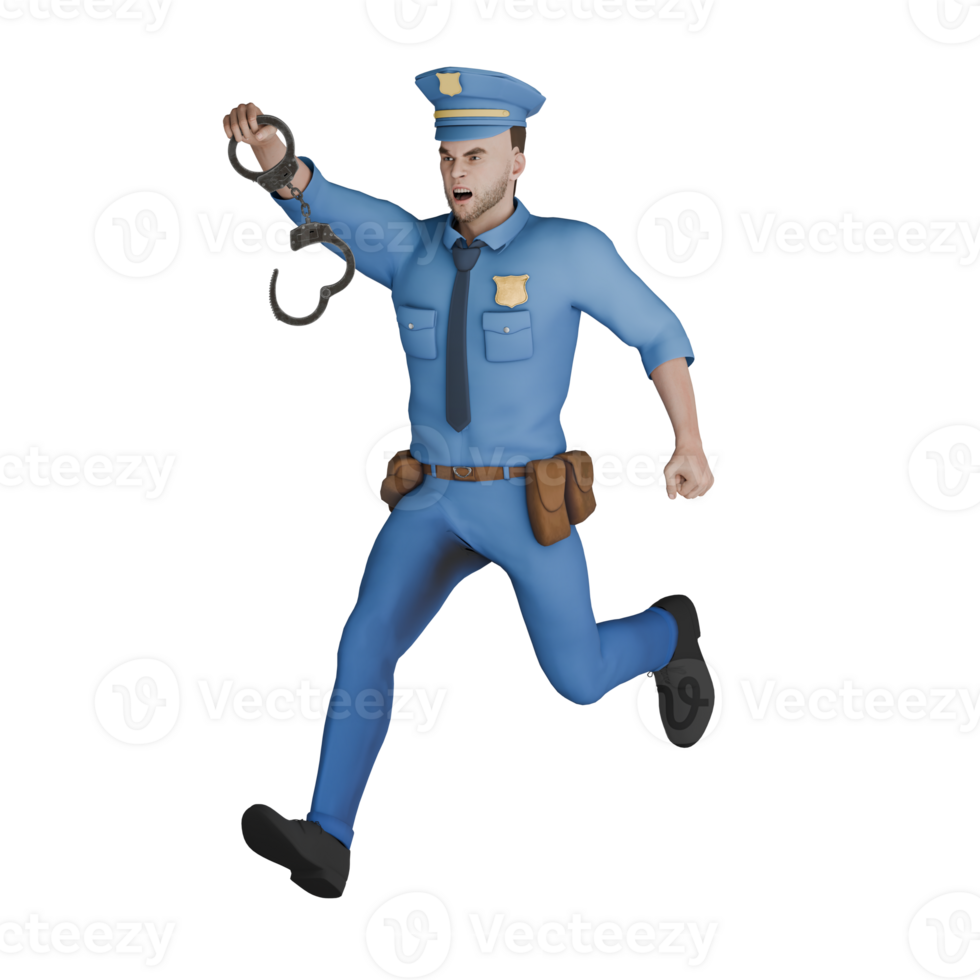 Law Enforcement 3D Cartoon. A male police officer running to the right with right hand holding handcuffs. Male Cop png