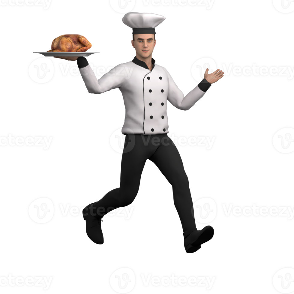 Cartoon Style Gourmet Chef. A male chef runs to the left while his left hand carries a chicken dish, while his right hand is slightly raised waving. 3D Male png