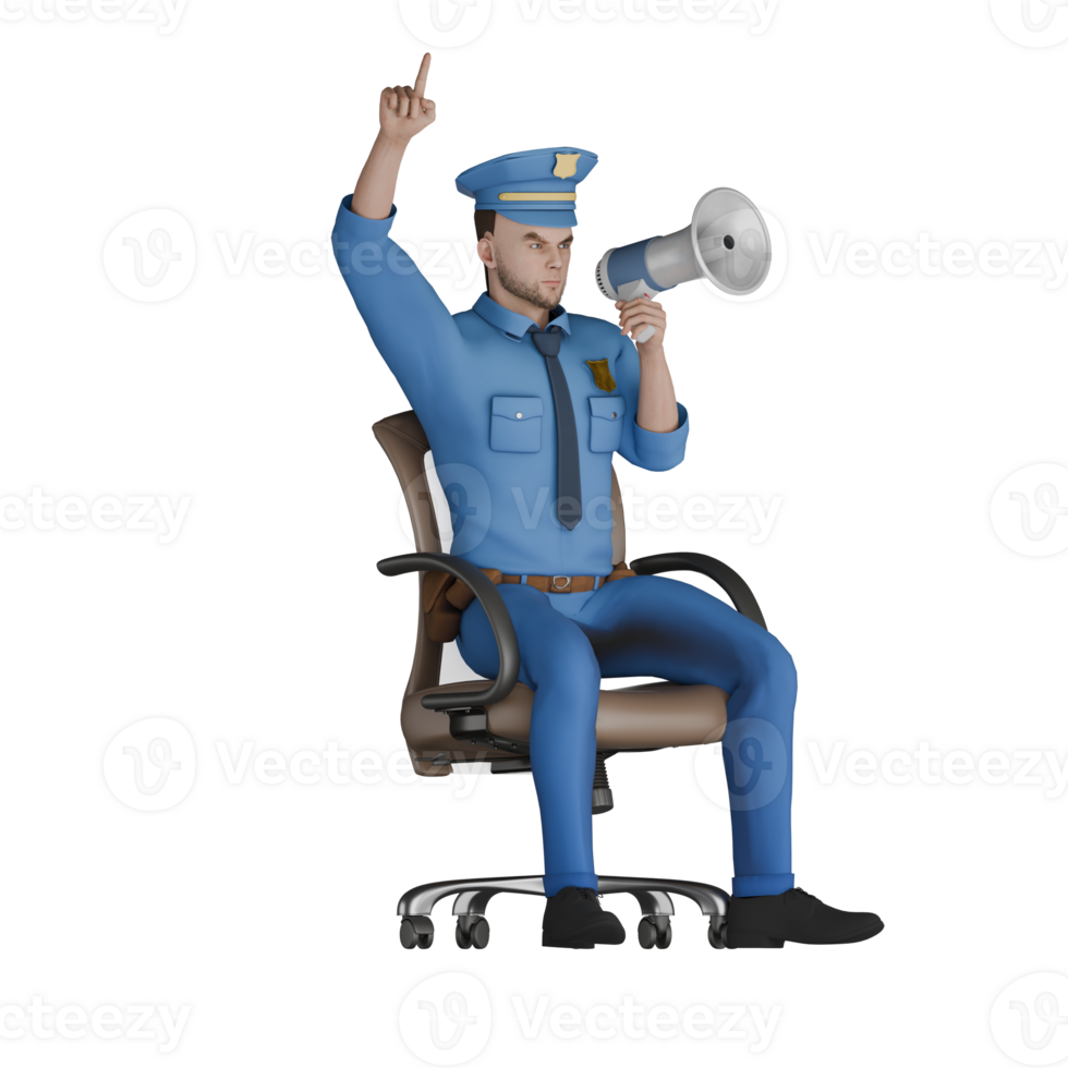 3D Male Cartoon Cop in Station. A male police officer sits with his right hand carrying a loudspeaker while his left hand points upwards. Police png