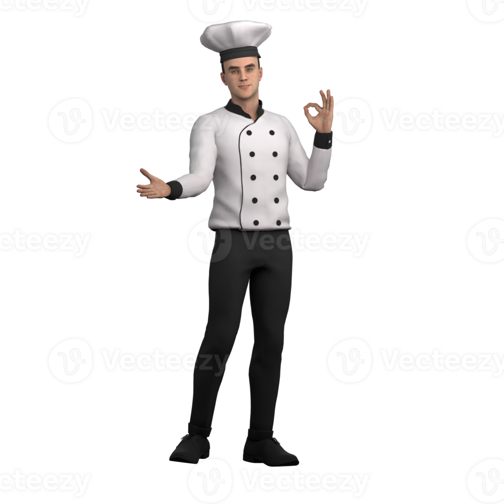 of a Male Chef. A male chef is standing with one hand gesturing OK and the other hand open. 3D Style png