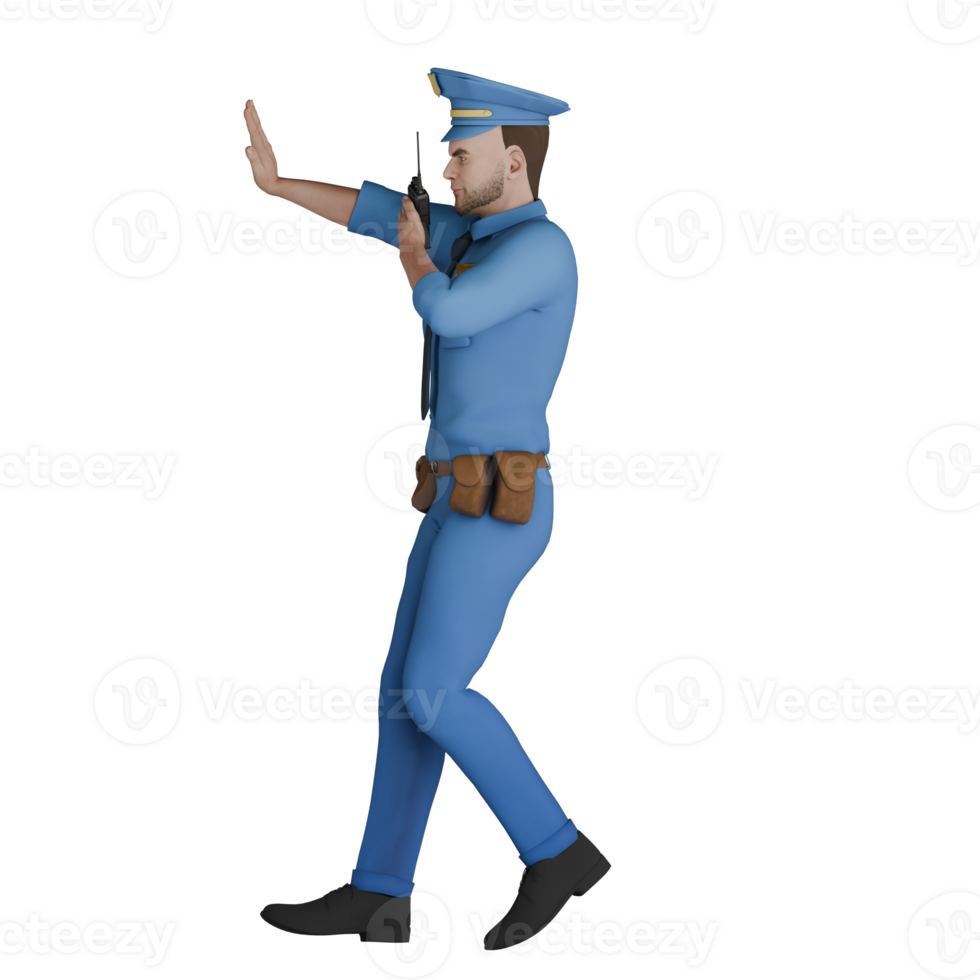 3D Professional Male in Cartoon Cop Role. A male police officer is standing facing to the right with his left hand holding a HT and his right hand stretched forward as if he is going to stop. Police png