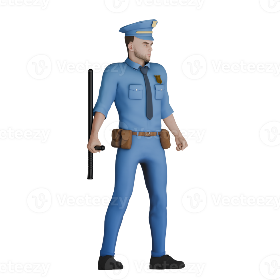 Illustrated Cartoon Law Expert. A male police officer stands with his right position tilted to the left and his right hand carries a tonfa. 3D Male Police png