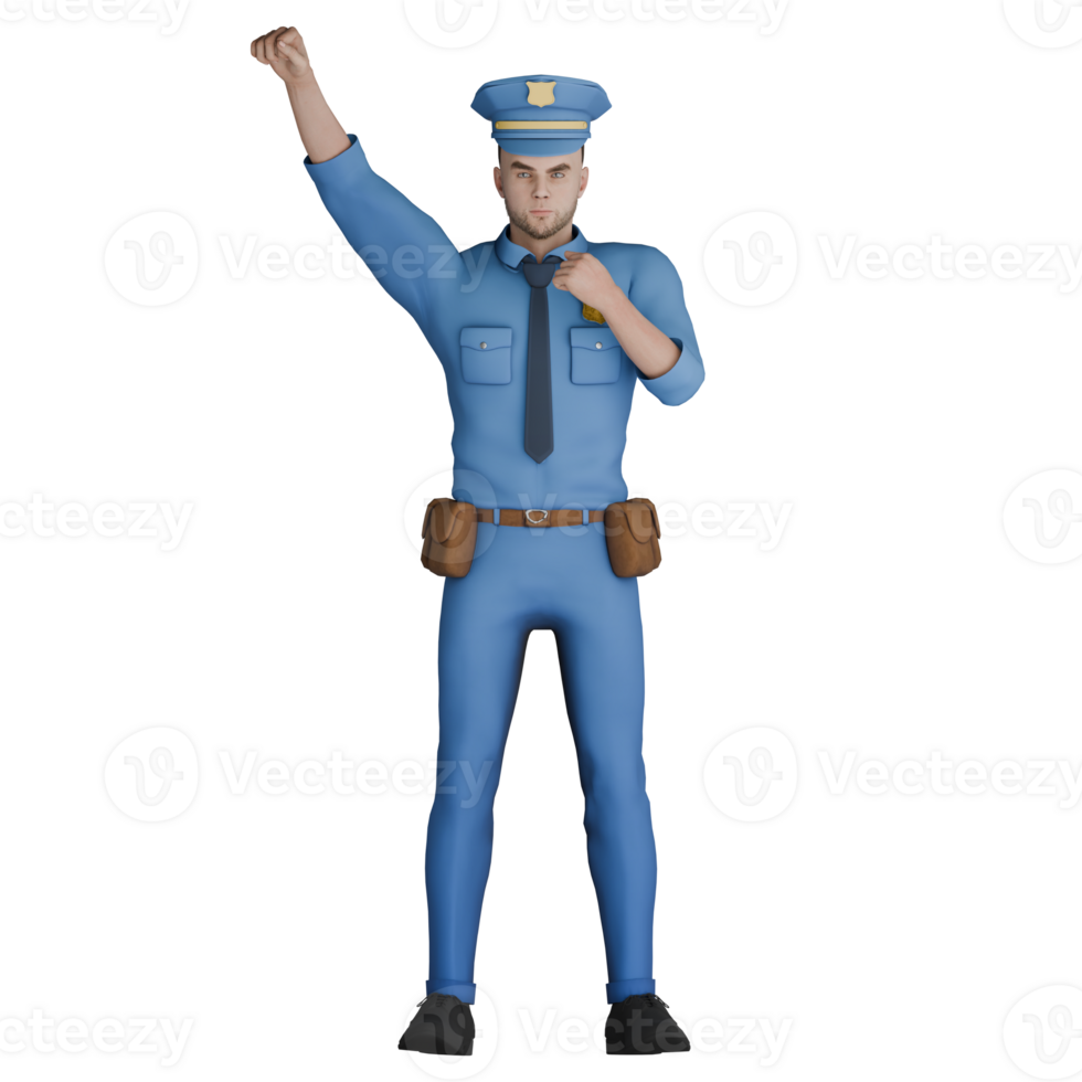 of Professional Male Cartoon Cop. A police officer is standing with one of his hands raised upward with a clenched fist and the other hand is holding the collar of his uniform. Police png