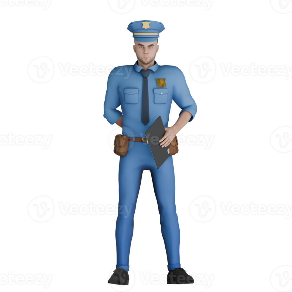 Law Enforcement Professional Male. A male police officer standing with left hand holding book while right hand behind body. 3D Cartoon Cop png