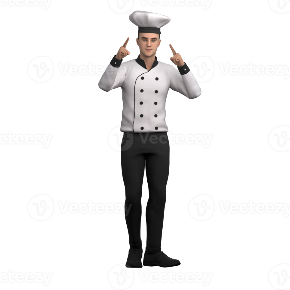 Male Chef in Kitchen Setting. A male chef stands with both index fingers raised towards his hat in line with his ears. 3D Character png