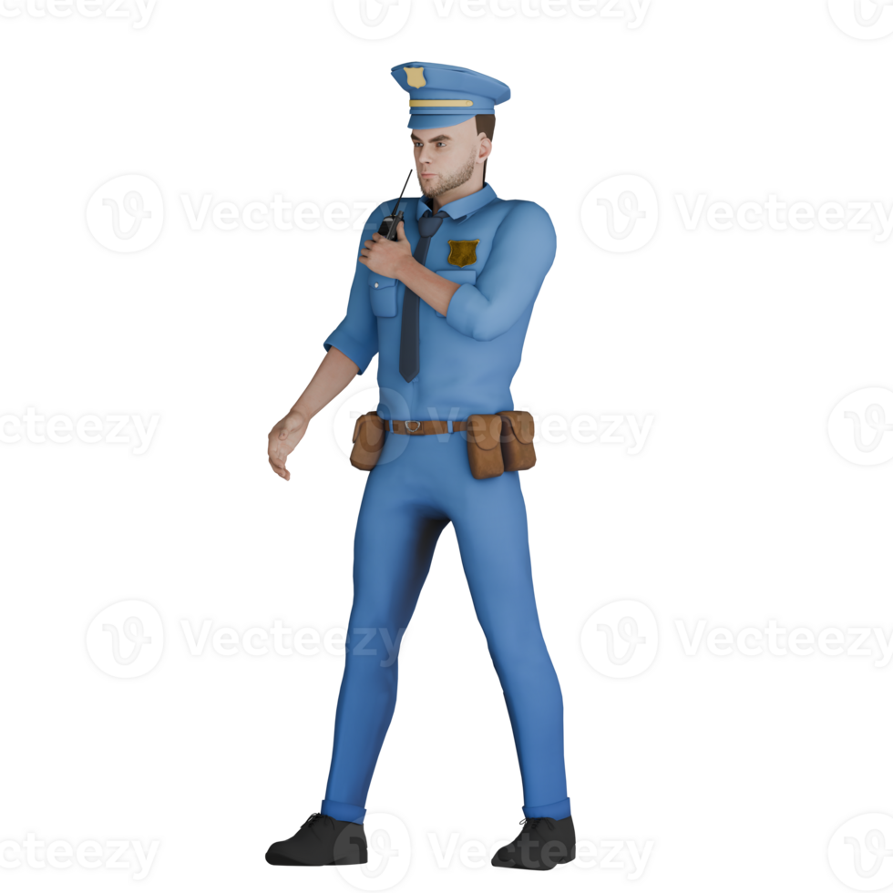 3D Male Cartoon Cop in Action. A male police officer is holding a radio near his mouth with a serious expression, indicating that he is communicating with his co-workers. Professional Law png
