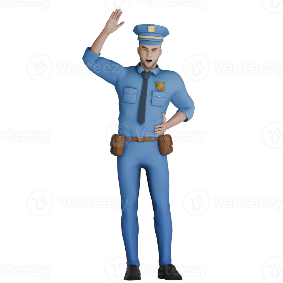 Male Cartoon Cop 3D Professional. A male police officer is standing with his right hand raised higher than his head and his left hand tucked behind his body. Law Cartoon png