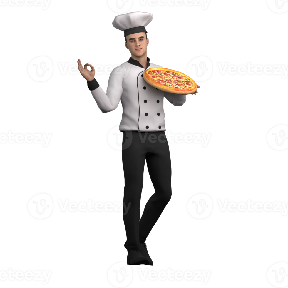 3D Male Chef Cooking. A male chef is standing carrying a pizza in his left hand and raising his right hand with his thumb and index finger together as a sign of okay , delicious. Culinary Cartoon png