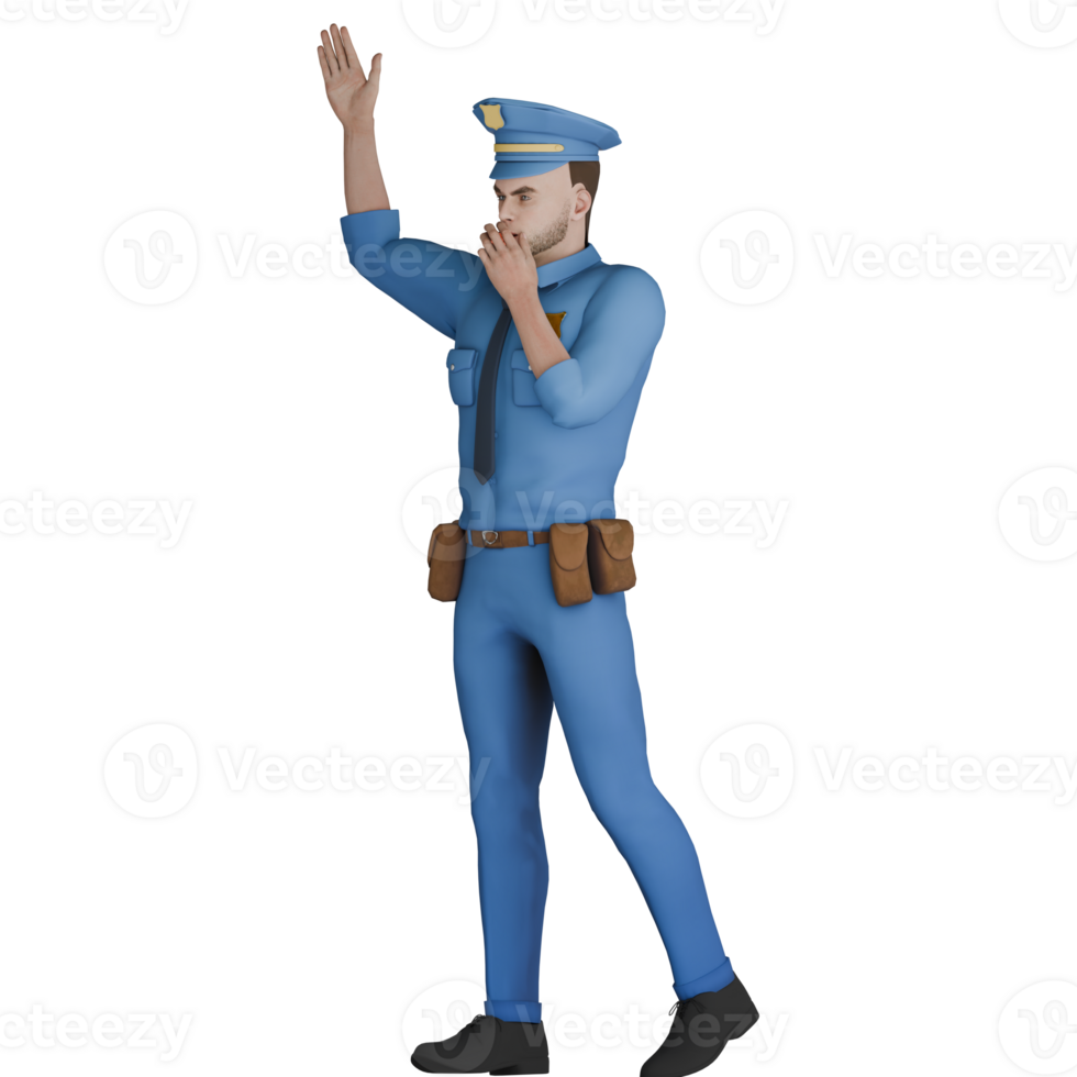 Male Cartoon Cop 3D Animation. A male police officer is raising one hand up, while using the other hand to hold his mouth with an expression that shows focus on controlling traffic. Professional Law png