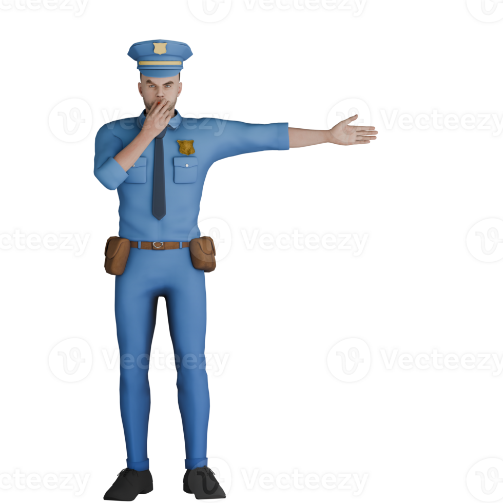 Professional Male Law Cartoon Character. A male police officer is standing and holding a HT in his right hand, while his left hand is stretched straight to the left. 3D Cop png
