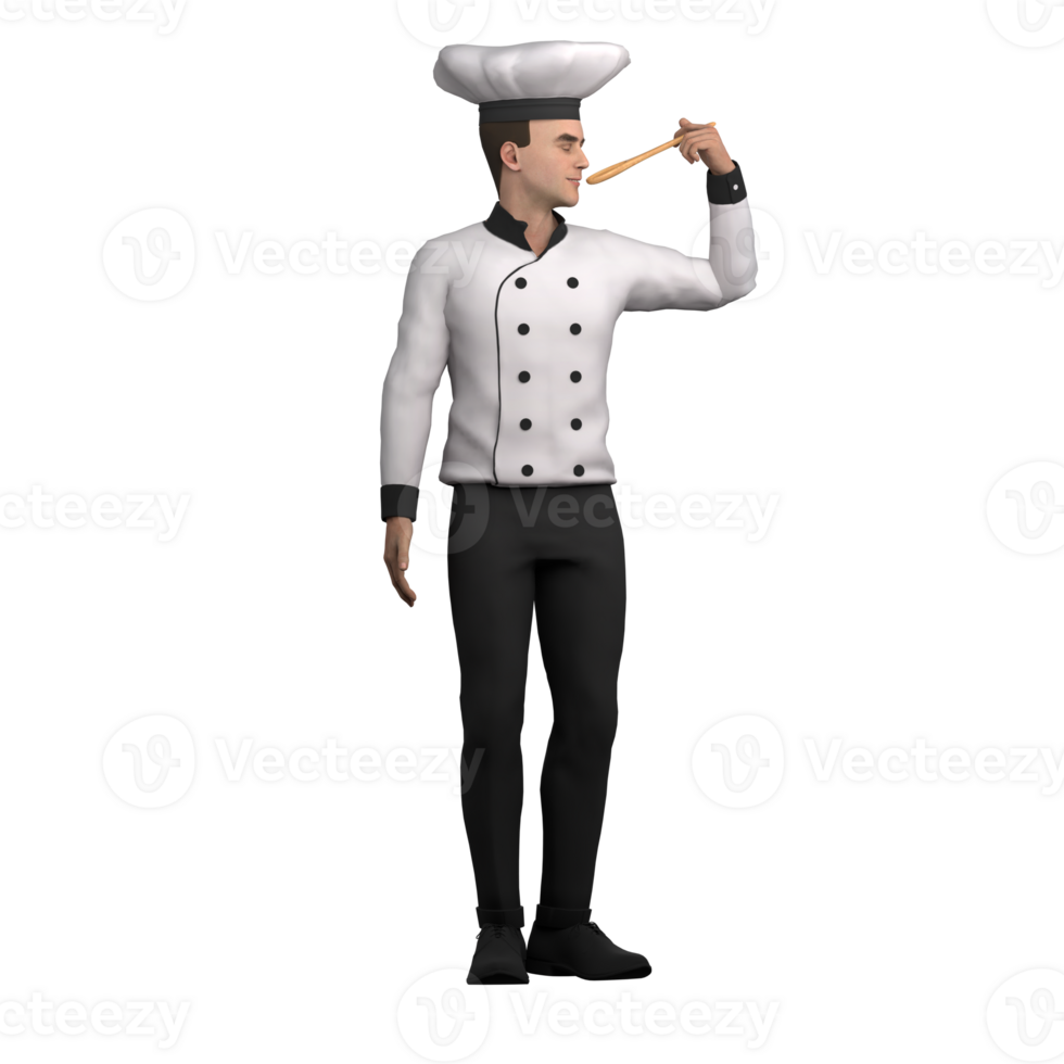 3D Male Chef in Restaurant. A male chef is tasting a dish using a wooden spoon. Professional Character png