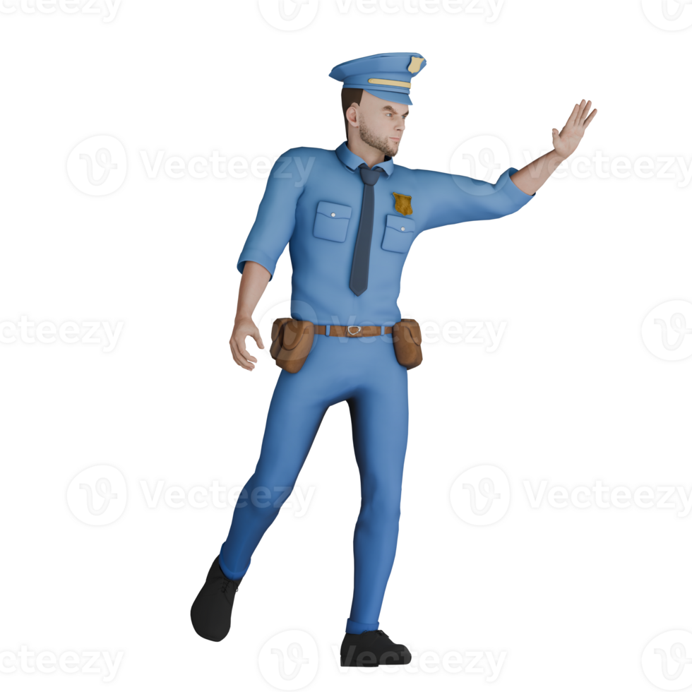 Professional Law Cartoon Male. A male police officer is standing with his left leg straight and his right leg raised behind him as if walking and facing left with his left hand raised. 3D Cop png