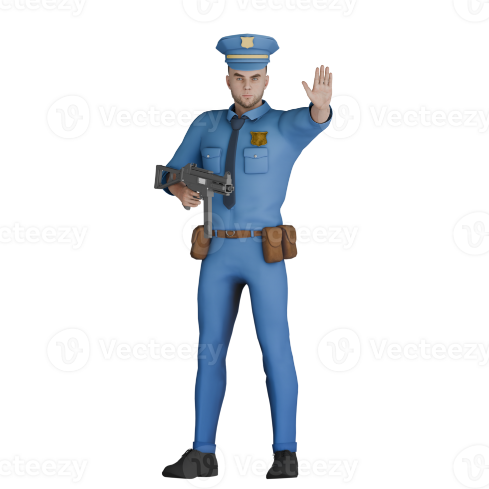 3D Law Enforcement Cartoon Male Cop. A male police officer standing with right hand holding long gun while left hand signaling stop. Professional png