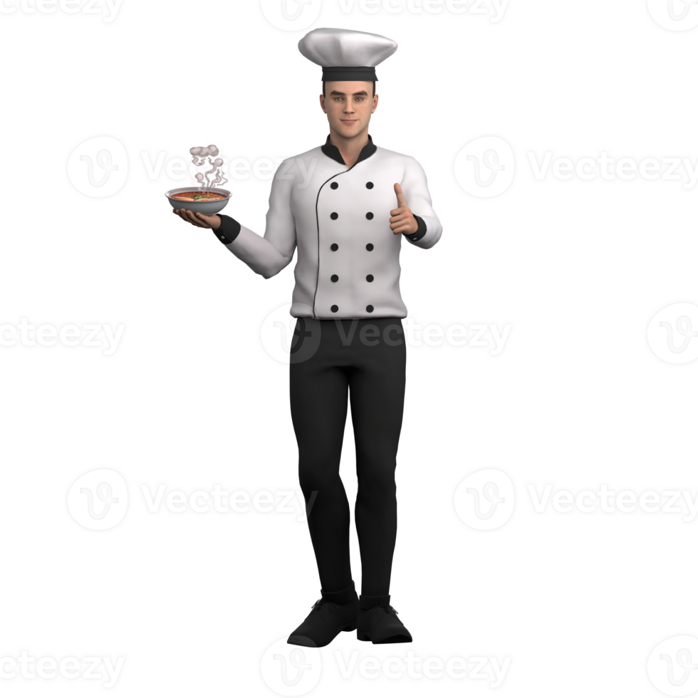 of a Professional Chef. A male chef carries soup in a bowl with his right hand and raises his right hand with his thumb pointing up. 3D Male png
