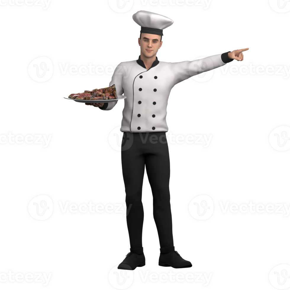 3D Cartoon Kitchen Chef. A male chef stands carrying a steak on a plate with his right hand and his left hand pointing to the left. Cooking Expertise png