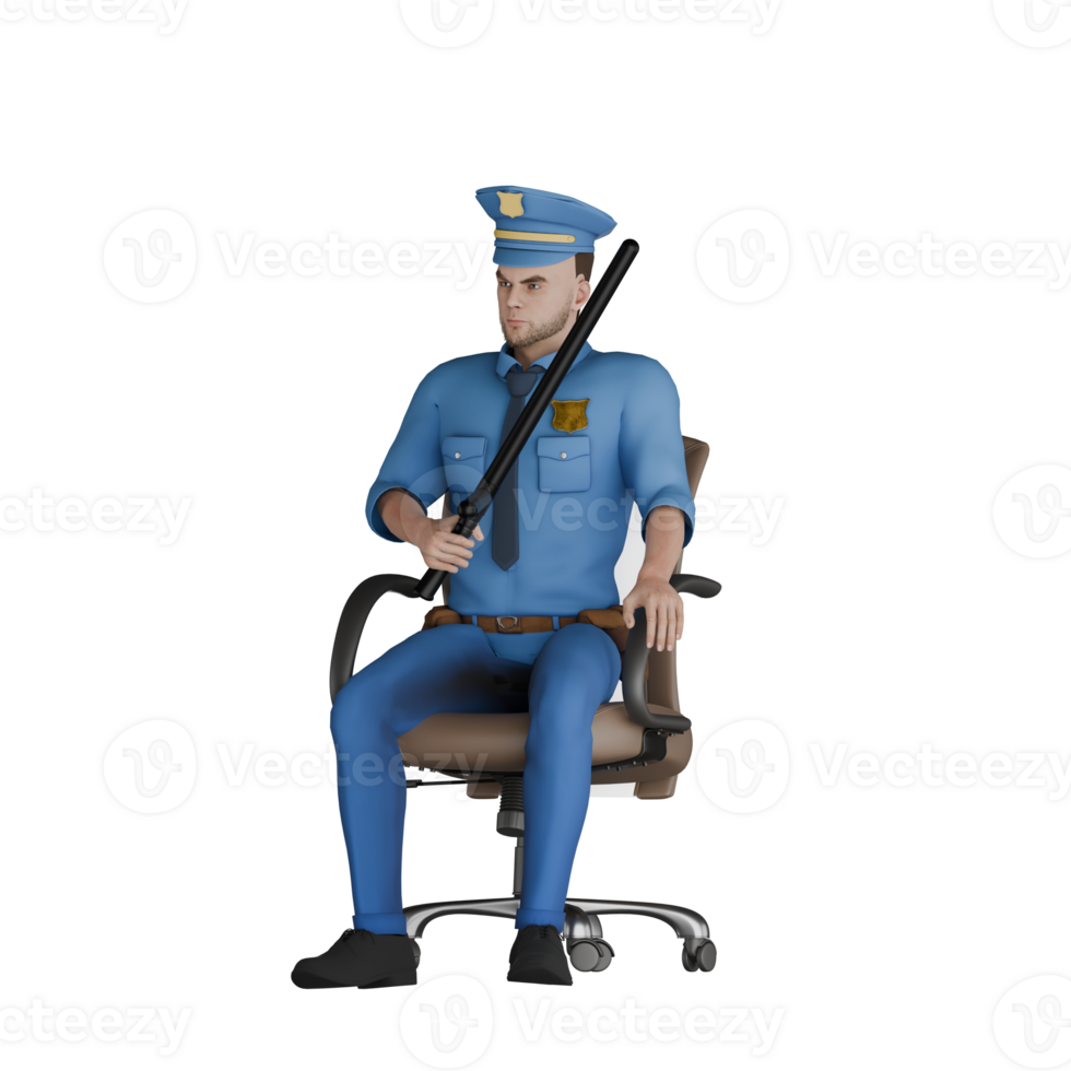 of Male Law Cartoon Professional. A male police officer sits facing right with his right hand carrying a tonfa in front of his chest. 3D Police png