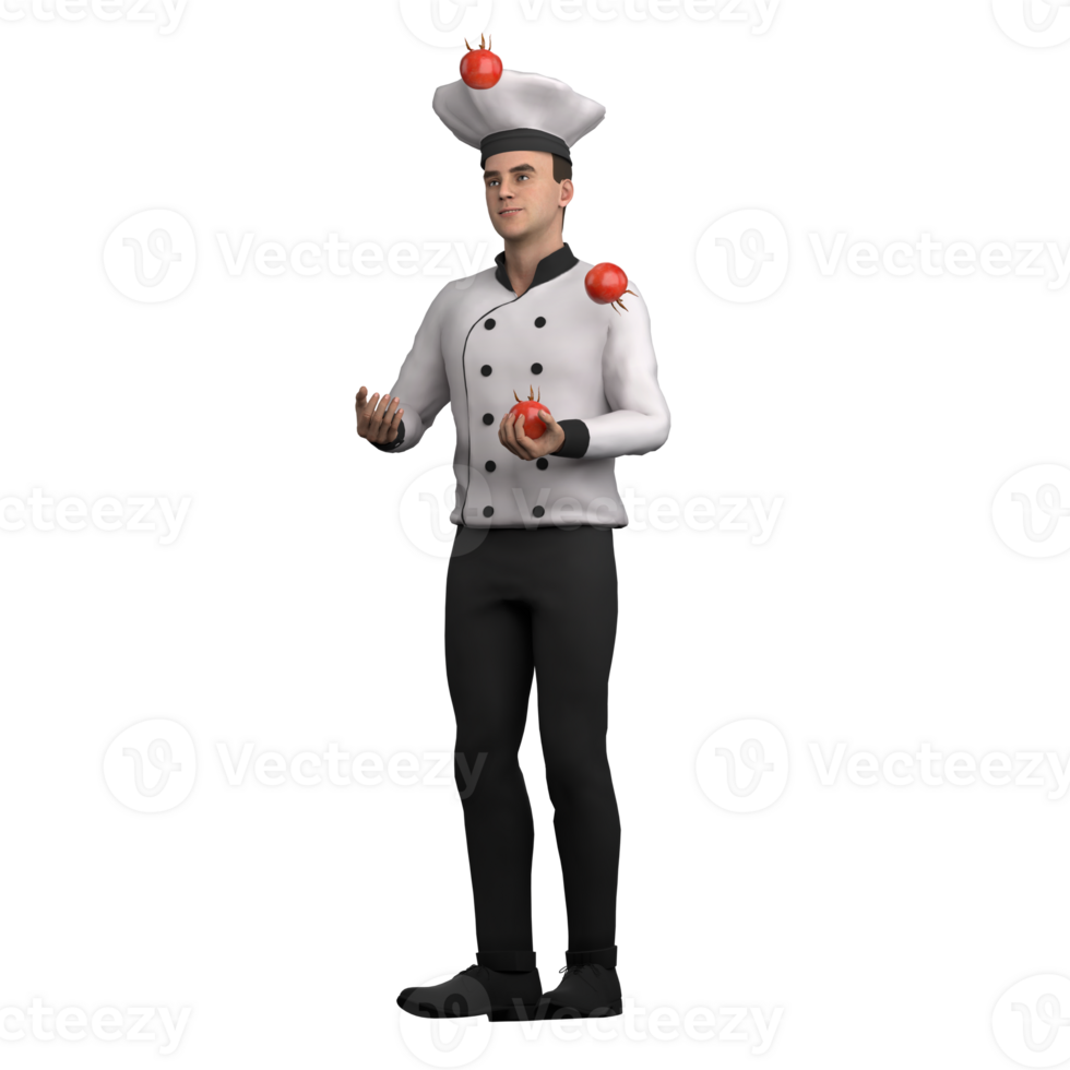 3D Professional in Culinary Arts. A male chef is juggling with some tomatoes. Male Chef png