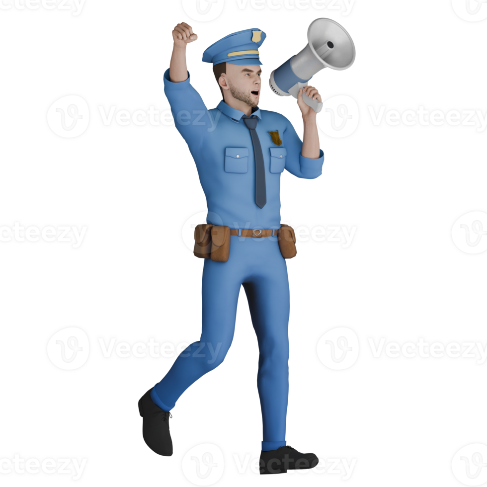3D Law Enforcement Expert. A male policeman walks to the left with his left hand holding the loudspeaker while his right hand clenches upwards. Cartoon Male Police png