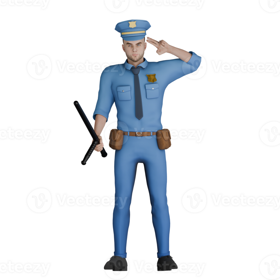 Man Cartoon Policeman in Legal Environment. A male police officer stands with his left hand pointing to his head while his right hand holds a tonfa. 3D Officer's png